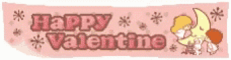 a pink banner with the words `` happy valentine '' and a little girl kissing a crescent moon .