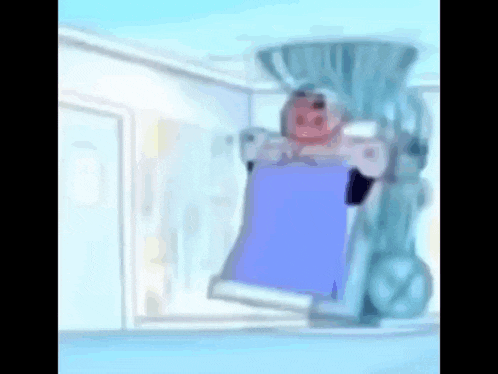 a cartoon character is standing in front of a machine with a blue object in it .