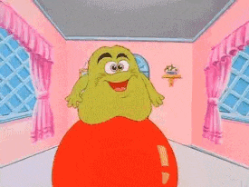 a cartoon character is sitting on top of a red balloon .