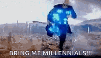 a man in a blue cape is running with the words bring me millennials written on the bottom .