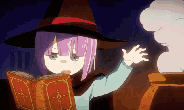 a girl in a witch hat is reading a book in front of a cauldron