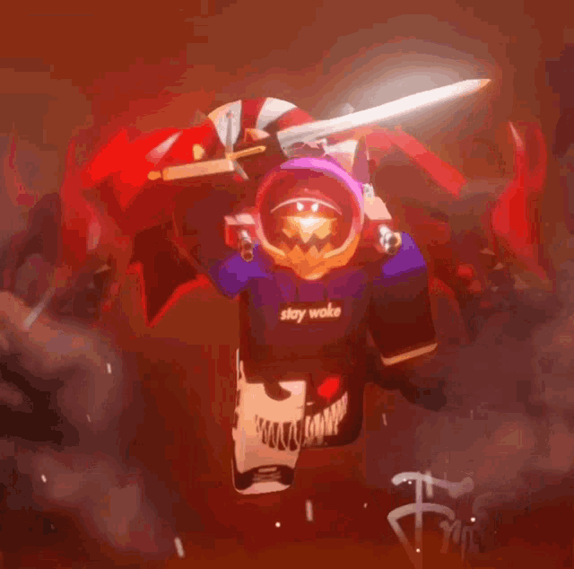 a roblox character with a sword and a shirt that says stay woke