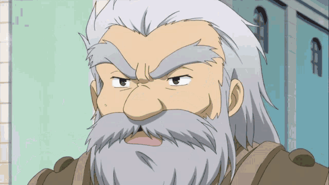 a cartoon character with gray hair and a beard is making a funny face