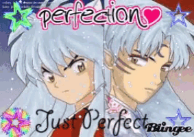 a picture of two anime characters with perfection just perfect blingee written on it