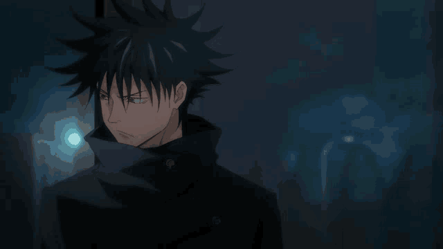 a black haired anime character with a scarf around his neck stands in a dark room
