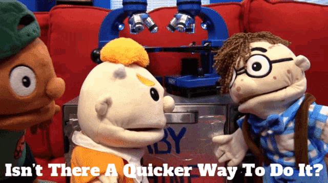 three stuffed animals are standing in front of a microscope with the caption isn t there a quicker way to do it