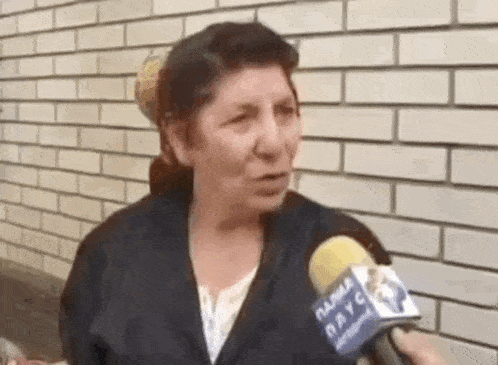 a woman is talking into a microphone in front of a white brick wall .