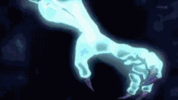 a ghostly hand is glowing in the dark with sharp claws .