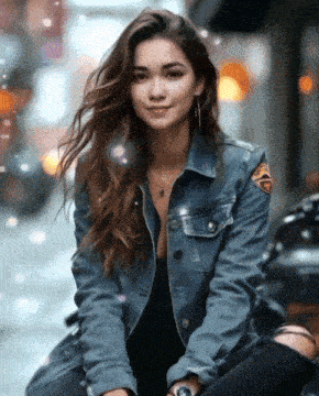 a woman is wearing a denim jacket with a harley davidson patch on it
