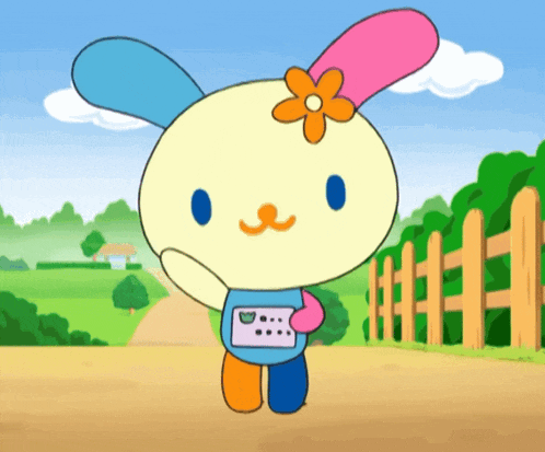 a cartoon rabbit with a flower on her head is standing in front of a fence