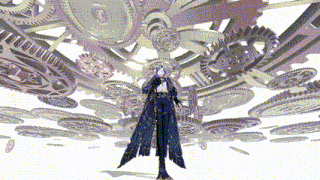 a man in a suit is standing in front of a ceiling of gears