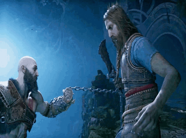 a man with a beard is holding a chain while another man holds a sword