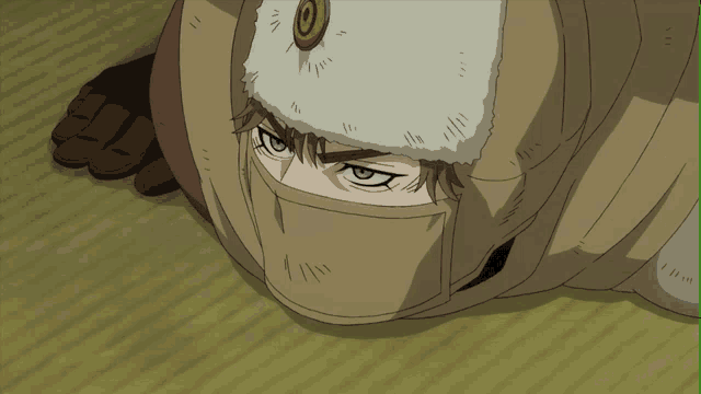 a drawing of a person wearing a hat and a mask