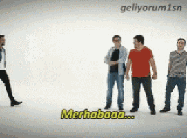 a group of men standing next to each other with the words merhabaaa written in yellow