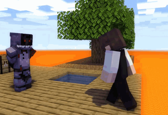 two minecraft characters are standing next to each other in front of a tree