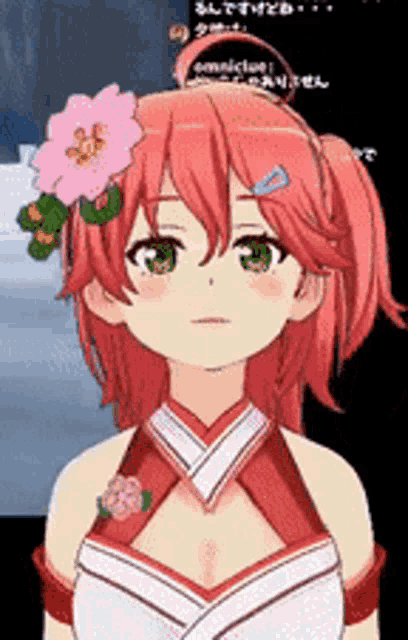a girl with pink hair has a flower in her hair .