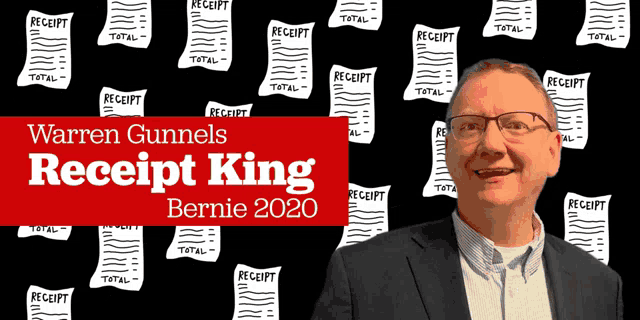 a man in a suit and glasses stands in front of a wall of receipts that say receipt