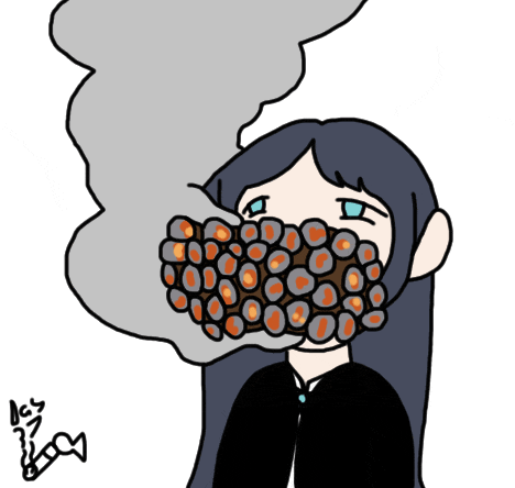 a drawing of a girl with a bunch of bubbles in her mouth and a smoke coming out of her mouth