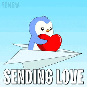 a penguin is holding a heart while flying on a paper airplane and the words sending love are below it