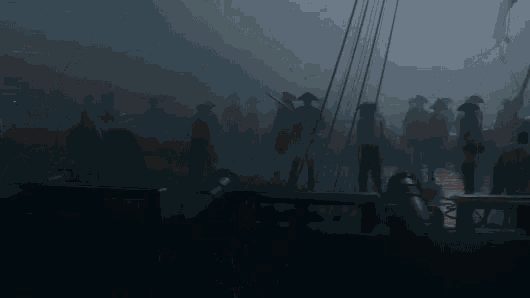 a group of people standing on top of a boat in the fog .