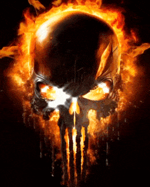 a skull is surrounded by flames on a dark background