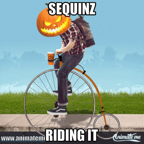 a man with a pumpkin head is riding a bicycle with the words sequinz riding it on the bottom