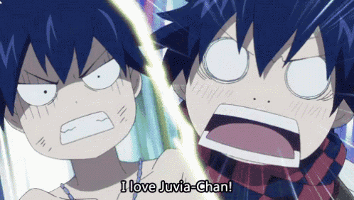 a couple of anime characters with the words i love juvia-chan