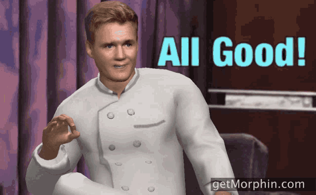 a man in a white chef 's coat is standing in front of a sign that says all good
