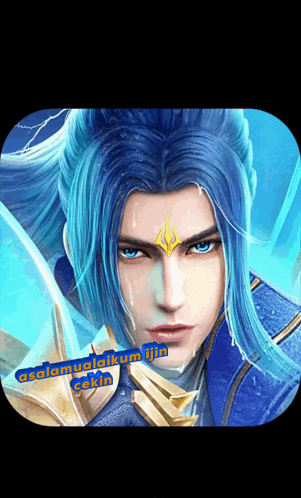 a picture of a man with long blue hair and the words " selamat malam lilin " below him