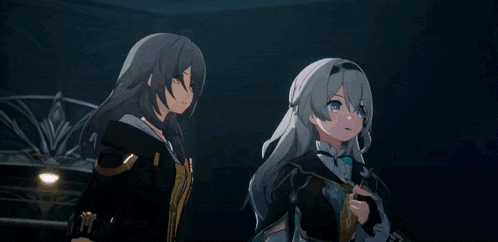 a couple of anime girls standing next to each other holding swords in a dark room .