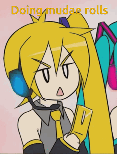 a cartoon of a girl with headphones and the words doing mudae rolls