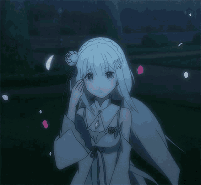 a girl with white hair and a flower in her hair is standing in the dark