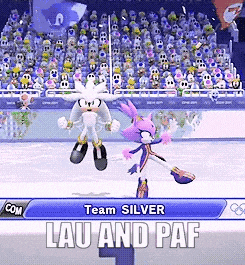 a video game screen shows silver and blaze skating in front of a crowd