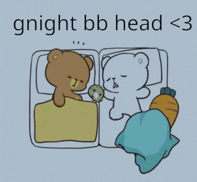 a cartoon of two teddy bears laying next to each other with the words gnight bb head < 3 below them