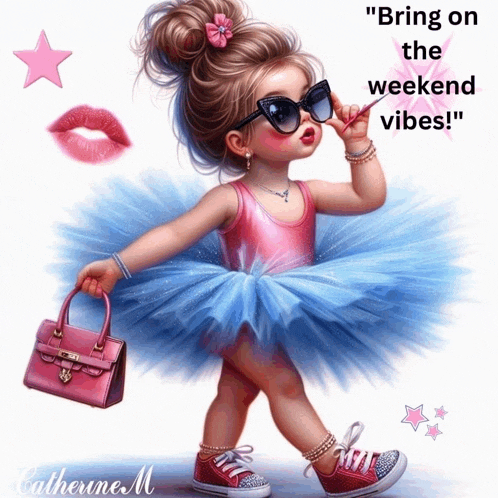 a little girl is wearing a tutu and holding a pink purse with the words bring on the weekend vibes