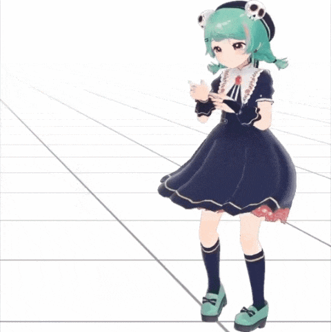 a girl with green hair and a black dress is dancing in front of chinese writing