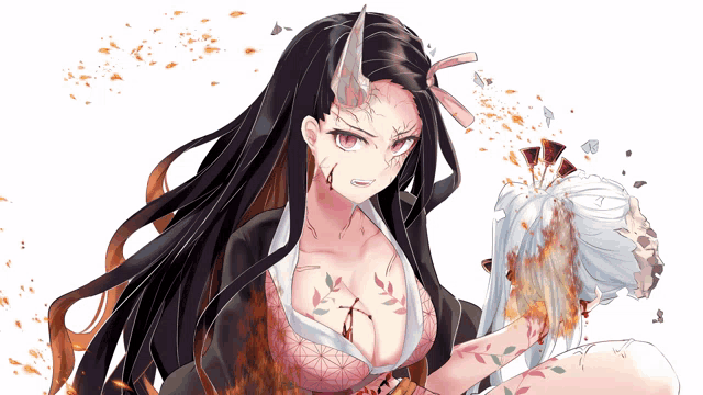 a girl with a very large breast is holding a skull in her hand