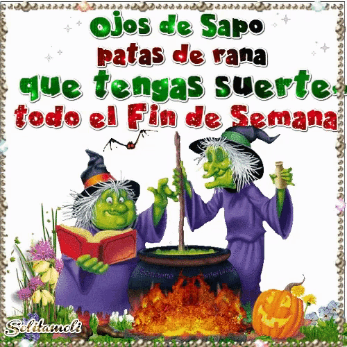 two witches stirring a cauldron with the words ojos de sapo patas de rana