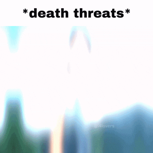 a girl in a blue shirt and plaid skirt is standing in front of a blue sky with the words death threats above her