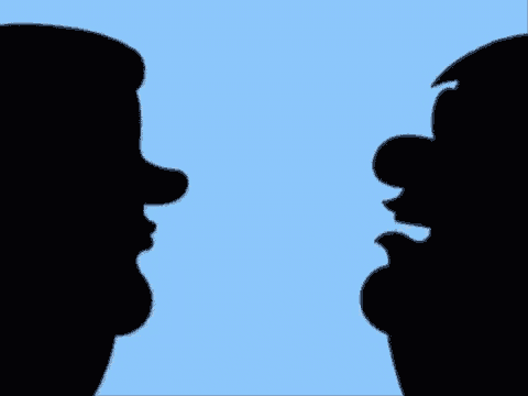two cartoon characters are talking to each other and the word jif is on a blue background