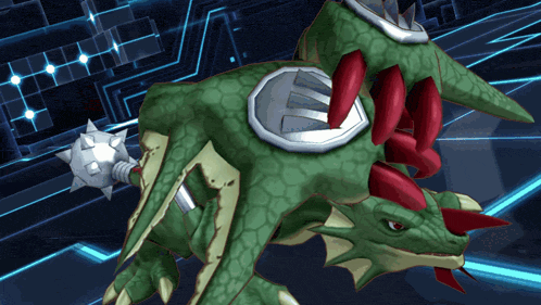 a green dragon with red spikes and a silver shield on its back
