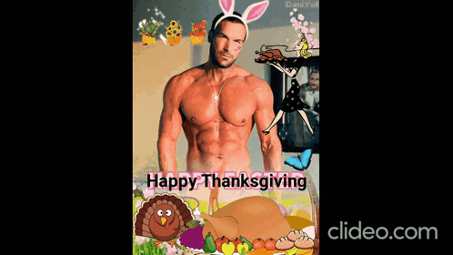 a picture of a shirtless man wearing bunny ears and the words happy thanksgiving on the bottom