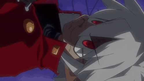 a close up of a cartoon character with red eyes and white hair