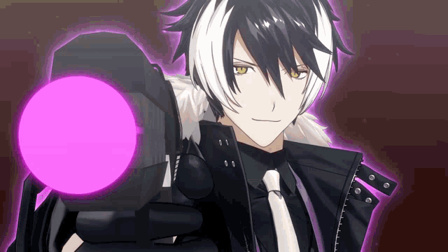 a black and white anime character holding a purple object