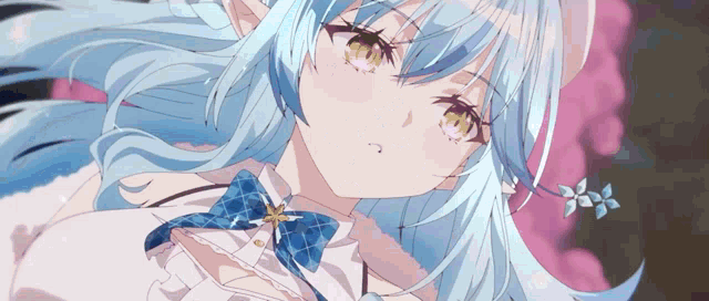 a close up of a anime girl with blue hair and a blue bow