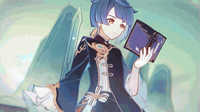 a blue haired anime character holding a book