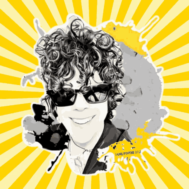a drawing of a man with curly hair and sunglasses with the name i am lp on the bottom left