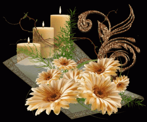 a picture of flowers and candles with the name miracle on the bottom right corner
