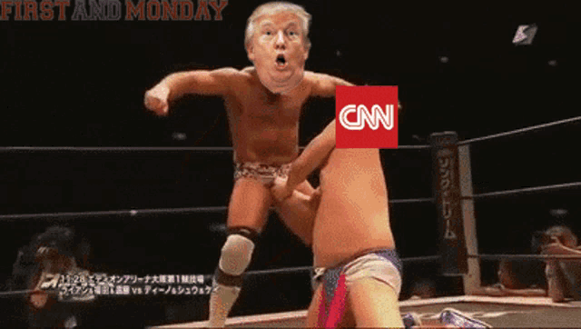 a cartoon of donald trump in a wrestling ring with a cnn logo