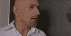 a bald man with a beard is talking to a woman and saying yes .